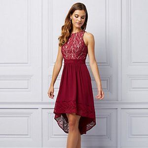 Le Chateau A Line High Low Red Dress with Lace Accents